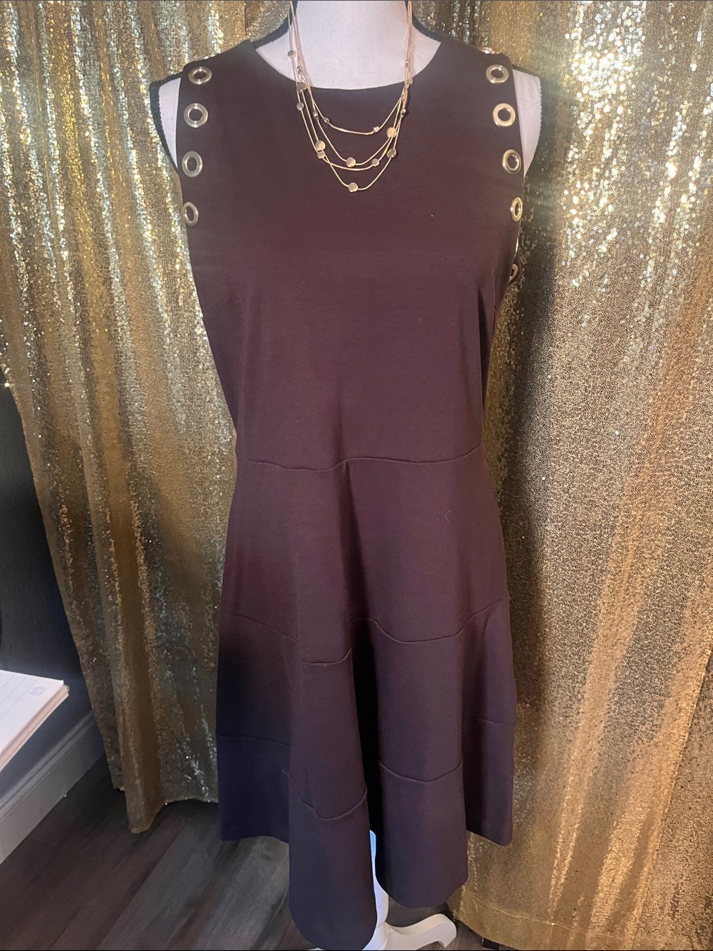 Michael Kors Brown Sleeveless A-Line Dress with Gold Eyelet Trim